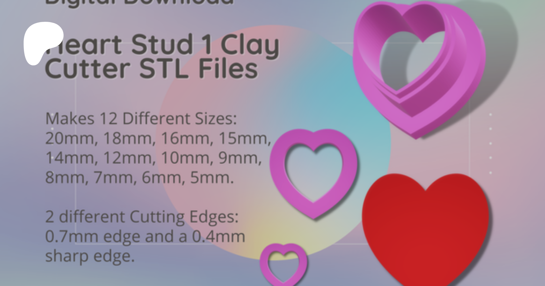 Stud Micro Heart Clay Cutter - STL Digital File Download- 12 sizes and