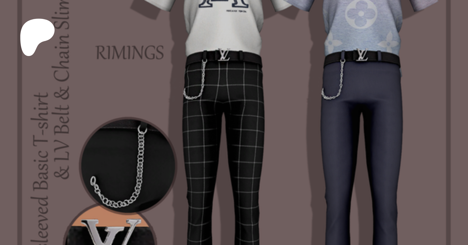 LV Short-sleeved Basic T-shirt, Belt and Chain Slim Fit Pants from Rimings  • Sims 4 Downloads