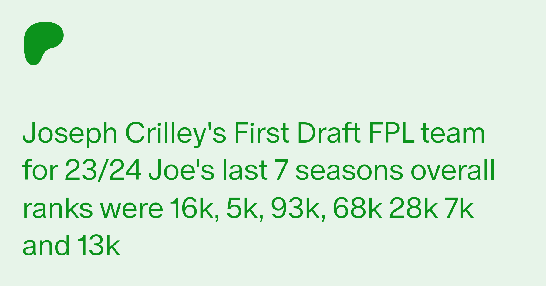 Joseph Crilley's First Draft FPL team for 23/24